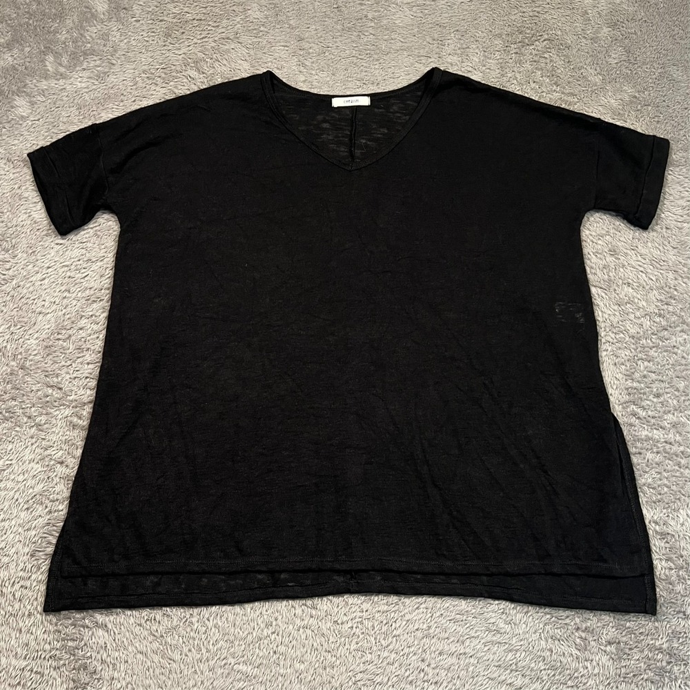 Cherish Tunic Top S Black Semi Sheer V-Neck Minimalist Oversized Womens